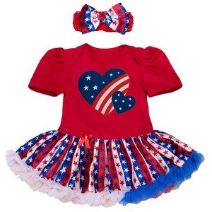 American Flag Hearts Red Tulle Baby Romper Dress & Headband 2pcs Baby Outfit